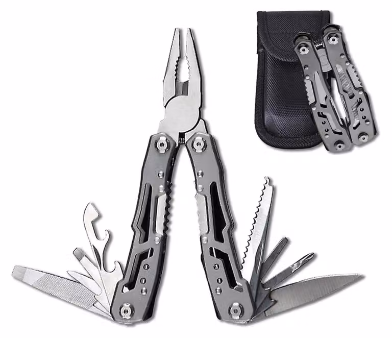 Multiutensile tascabile multiattrezzo - 14 in 1 - Acciaio inossidabile - Pieghevole - Con custodia in nylon