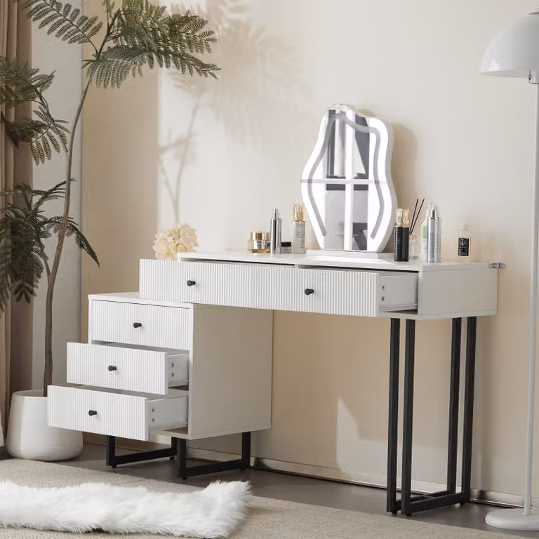 MERAX Tavolo da toilette Tavolo da toilette con specchio LED a forma di nuvola Tavolo cosmetico con piano allungabile e cassetti, 100x40x76cm