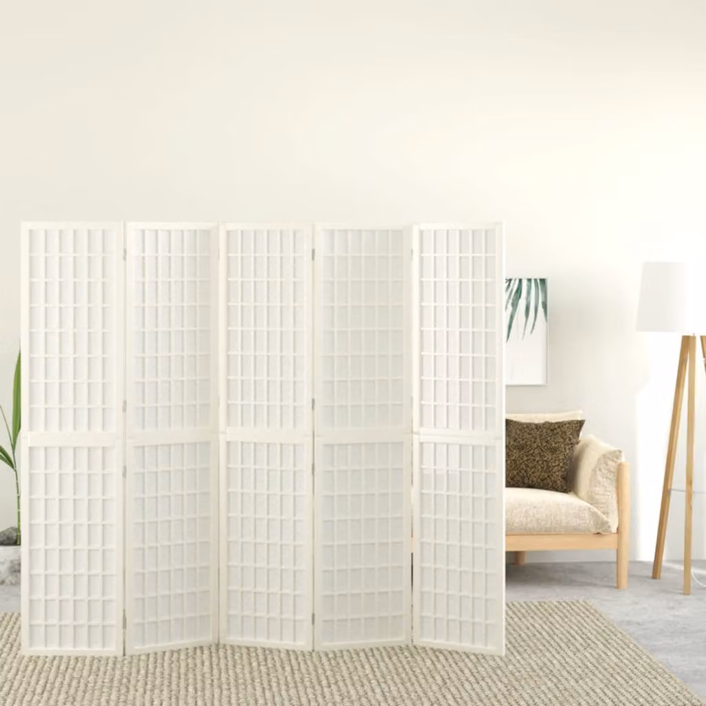 Divisorio Pieghevole vidaXL in Legno di Abete Stile Giapponese con 5 Pannelli Bianchi L: 200 cm, H: 170 cm