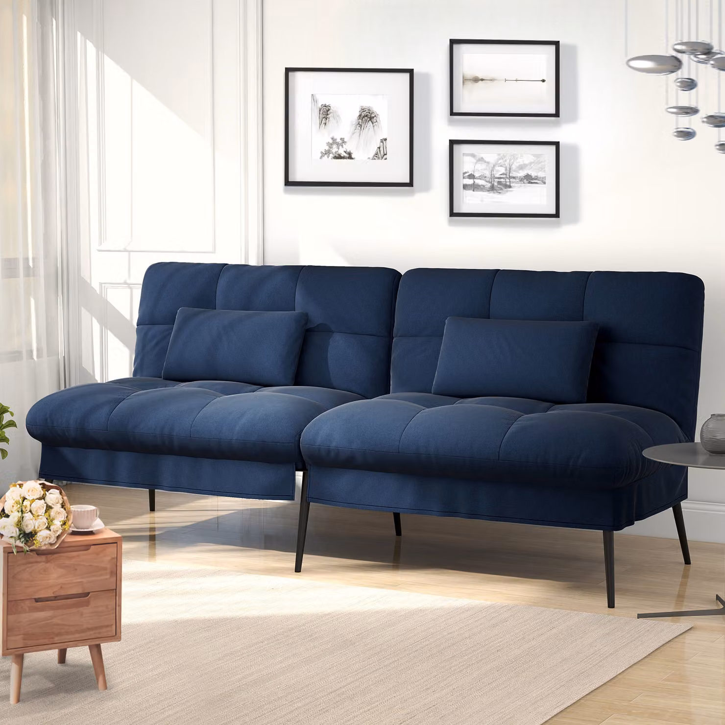 COMHOMA divano letto con funzione letto, copertura divano futon pieghevole, divano letto, divano angolare, divano letto per ospiti, divano a 3 posti, con schienale regolabile in tessuto, blu