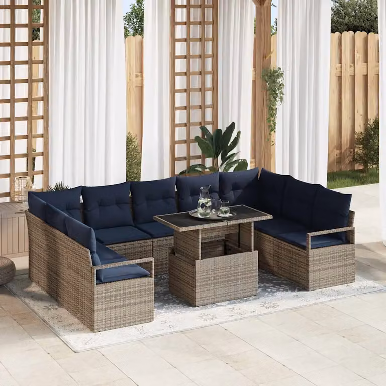 Set Divano da Giardino vidaXL 10 Pezzi a Forma di U con Tavolino, Struttura in Acciaio e Cuscini Rimovibili, Colore Grigio e Blu
