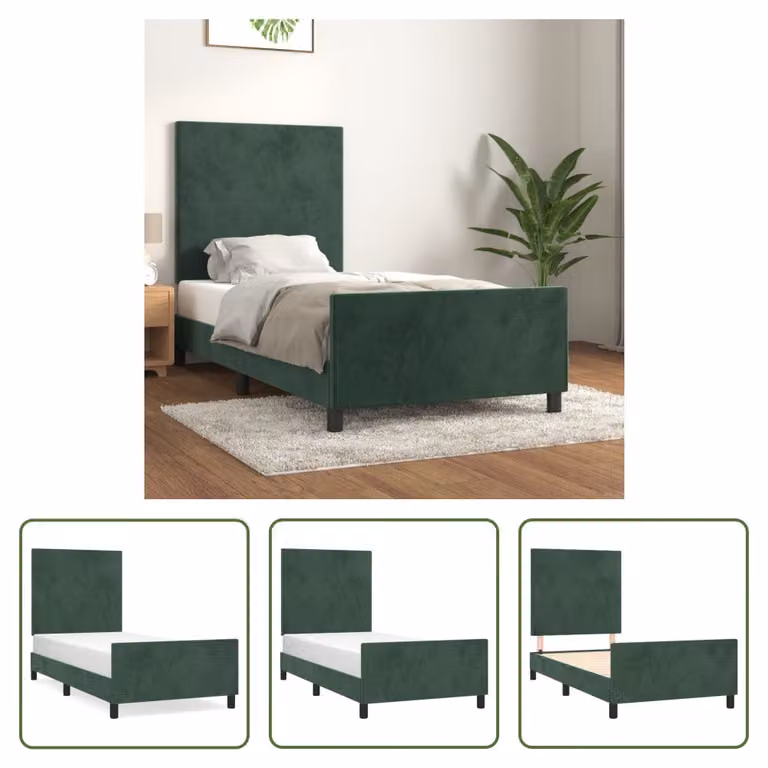 The Living Store Struttura letto con testiera in velluto verde scuro 80x200 cm