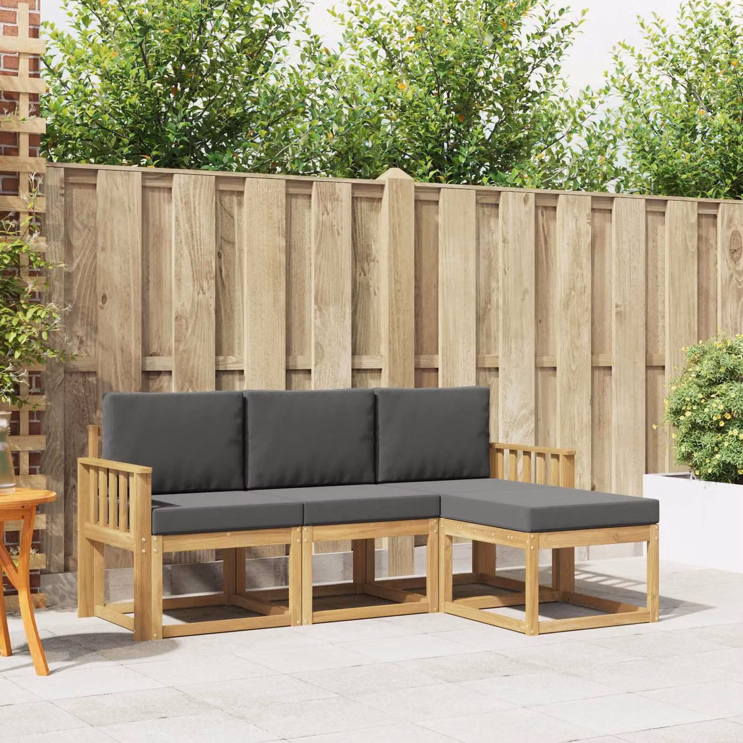 Set di divani da esterno vidaXL a forma di L in legno di acacia con cuscini, marrone e grigio