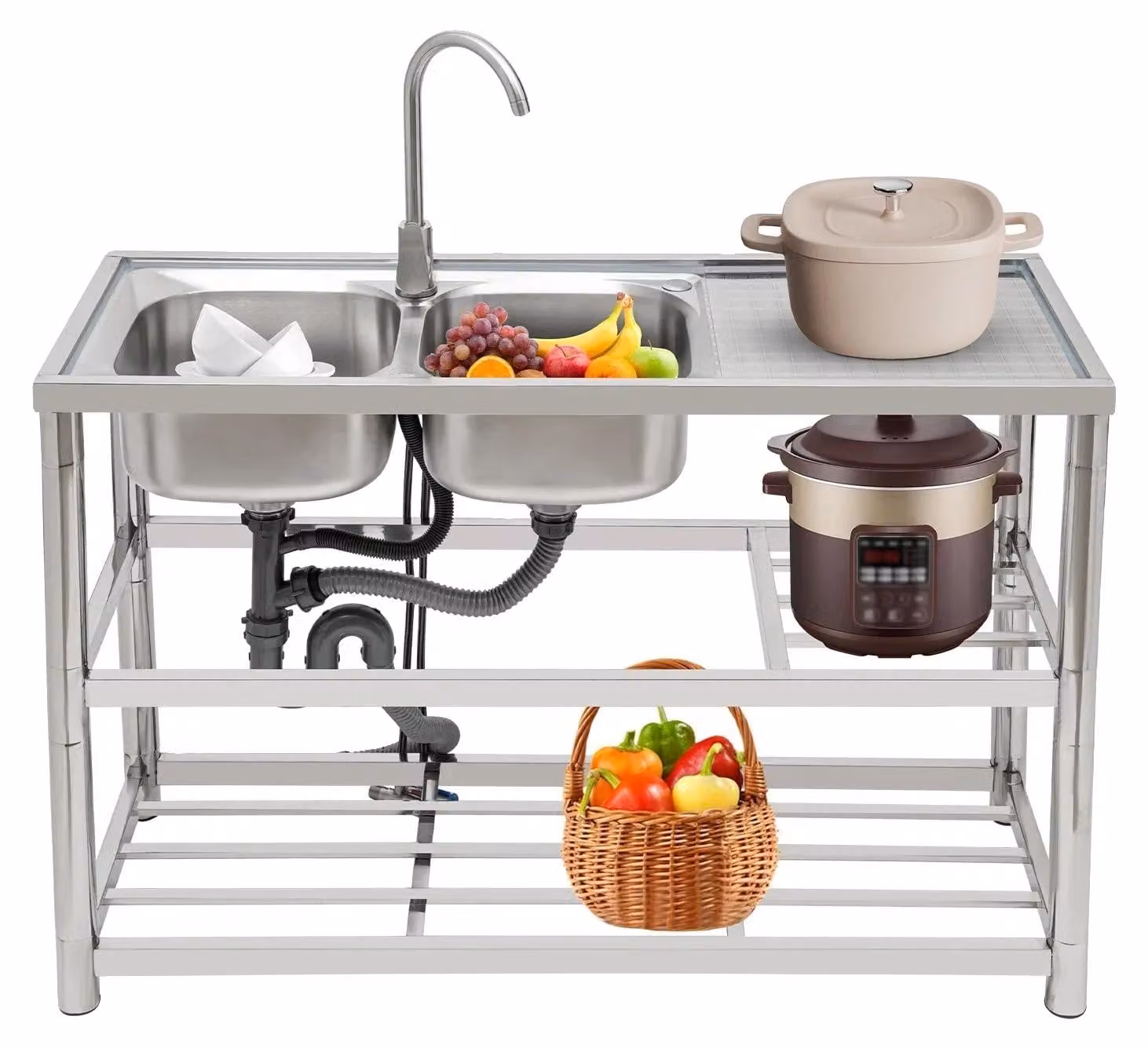 Lavello da cucina, acciaio inox, doppia vasca, argento