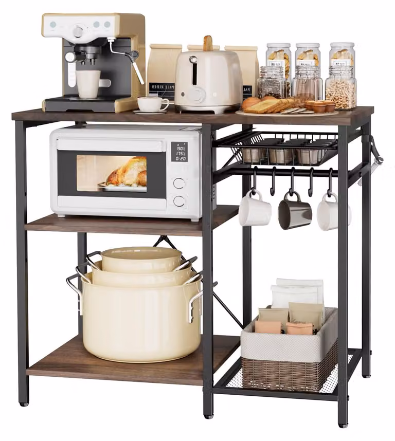 Scaffale da cucina - Scaffale da fornaio/per microonde - Dimensioni 90 x 40 x 90 cm - Trave di sostegno a forma di X - 5 ganci a S - Ripiani a più livelli per stoviglie e spezie - Robusto telaio in metallo