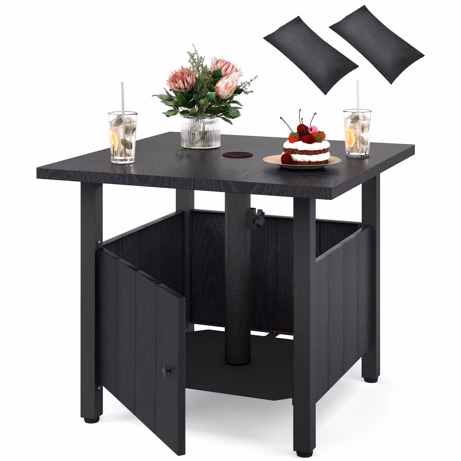 COSTWAY tavolino da esterno resistente alle intemperie, tavolo da giardino in metallo con foro per ombrello e 2 sacchi di sabbia, tavolino da balcone, tavolino da caffè 55,5x55,5x48cm