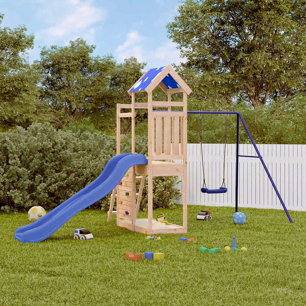 vidaXL Set da Gioco da Esterno con Torre, Scivolo, Altalena e Sabbiera in Legno Massello, Multicolore, L/P/H: 427,5 x 215 x 185 cm – 1