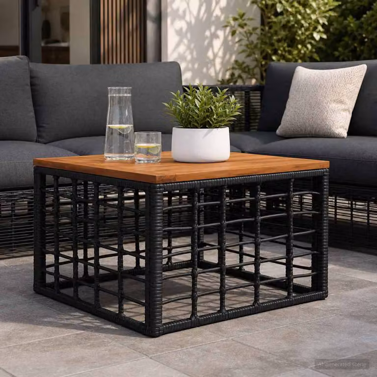 vidaXL Tavolo da giardino moderno in polyrattan e vetro, L/P/H: 55 x 55 x 37 cm, nero e marrone
