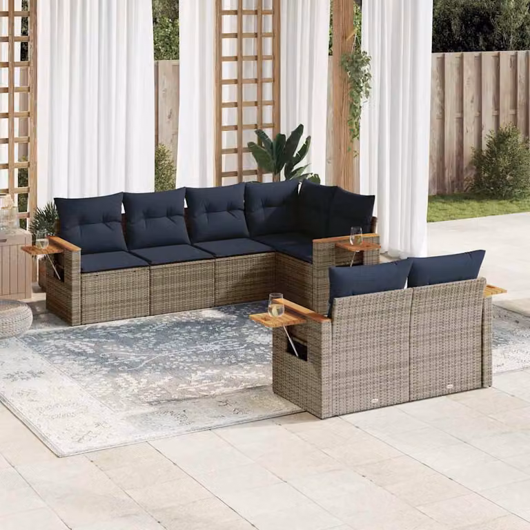 vidaXL Set Divani da Giardino a L 7 pz in Polyrattan con Cuscini Blu e Grigio