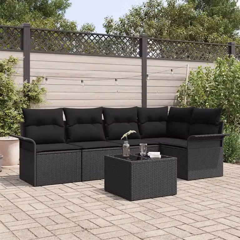 Set Divano da Giardino a L vidaXL 6 Pezzi con Cuscini e Tavolino Nero