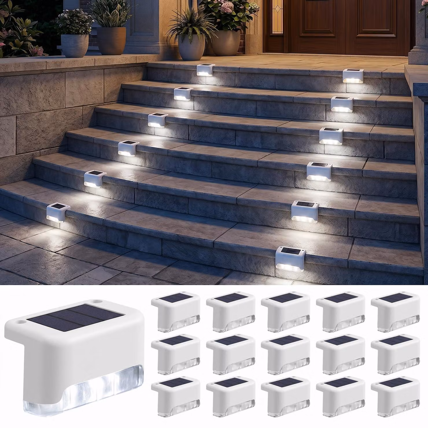 Set di 16 luci solari per scale, luce bianca fredda, LED, grado di protezione IP65, impermeabili