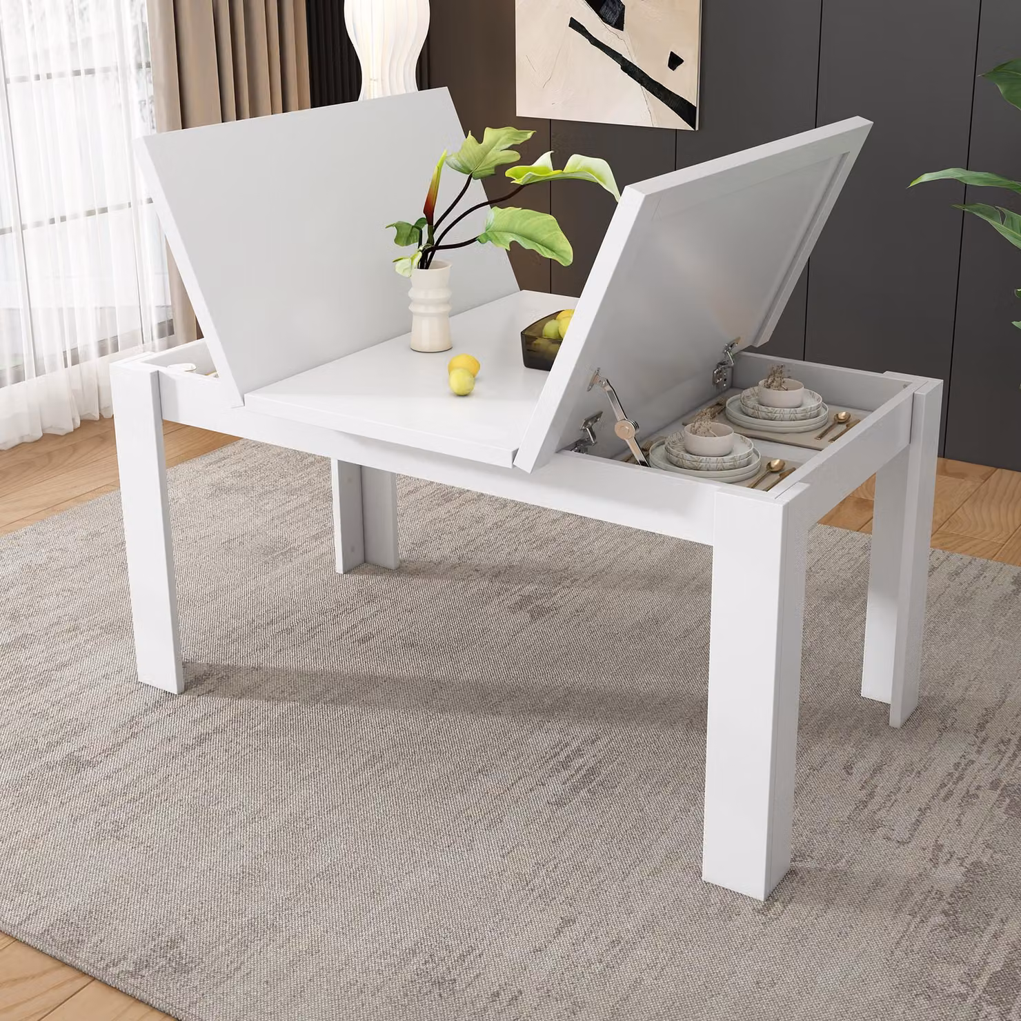 Tavolo da pranzo Sweiko 120x70cm, con spazio di archiviazione, Tavolo da pranzo rettangolare, Tavolo da caffè per il tempo libero, Tavolo da pranzo moderno e semplice, Spazio di archiviazione aperto, Salvaspazio, Tavolo da pranzo multifunzionale, Bianco