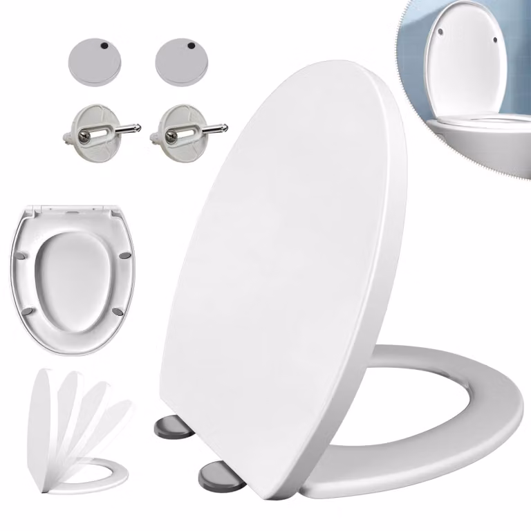 Sedile universale per WC - Chiusura rapida - Chiusura ammortizzata - Cerniere smontabili - Facile da pulire - Bianco