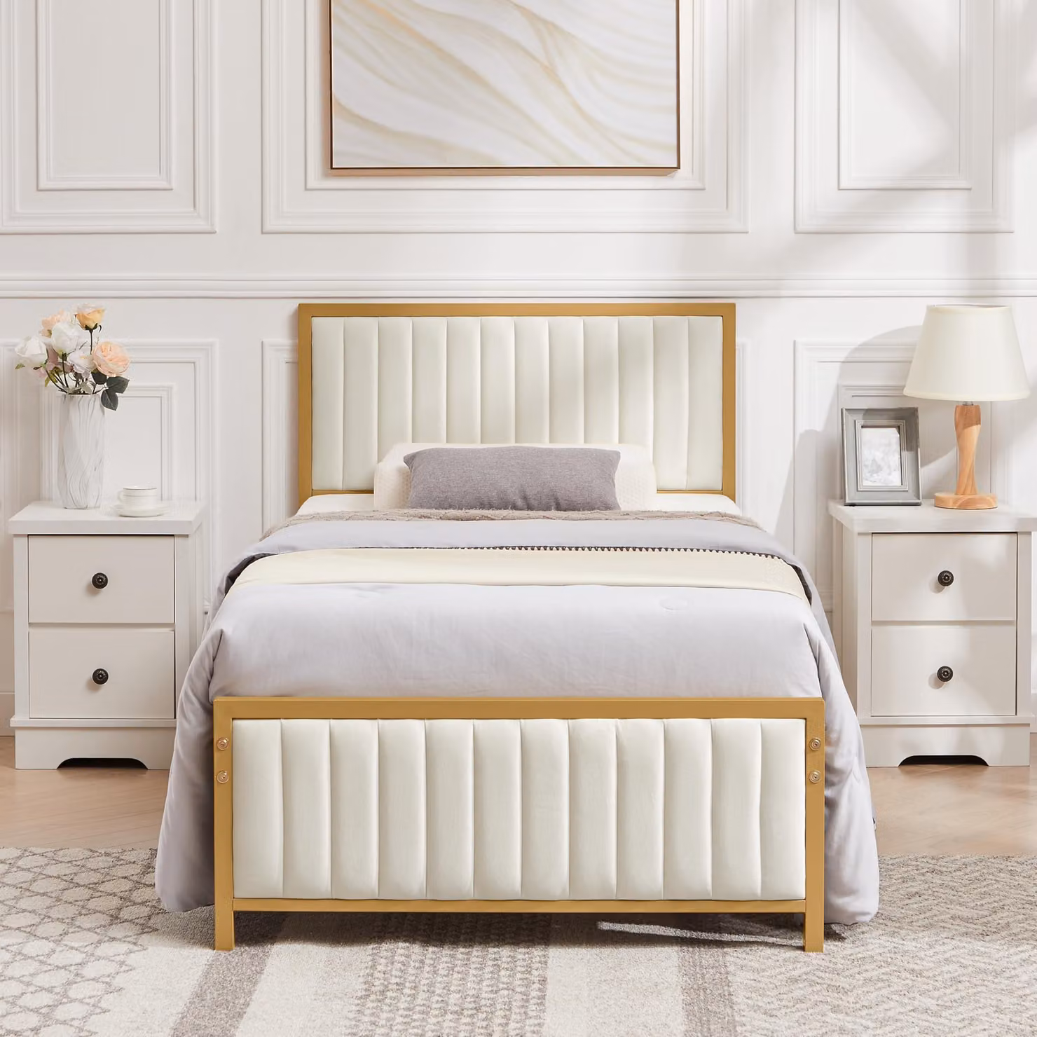 Letto a terra 90x200 cm, in metallo, color beige, con rete a doghe