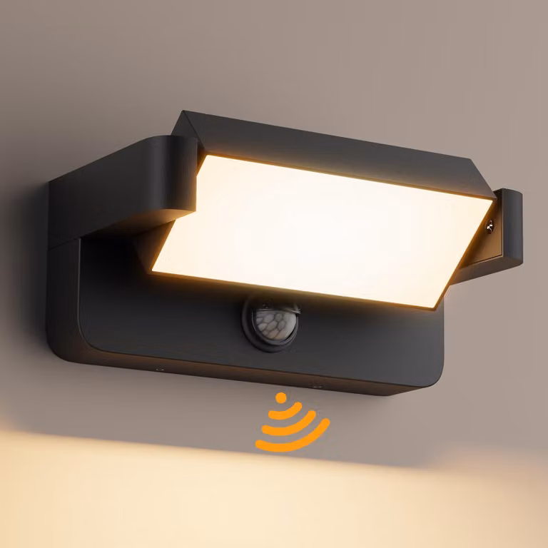 Lampada da parete a LED, 24W, con sensore di movimento, grado di protezione IP65, 3000K, colore nero