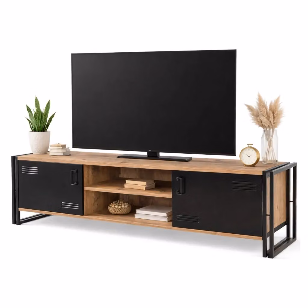 Mobile porta TV Cyprien DMORA, Credenza moderna in legno e metallo per soggiorno, Colore Quercia e Nero, L: 180 cm, P: 45 cm, H: 50 cm – 2