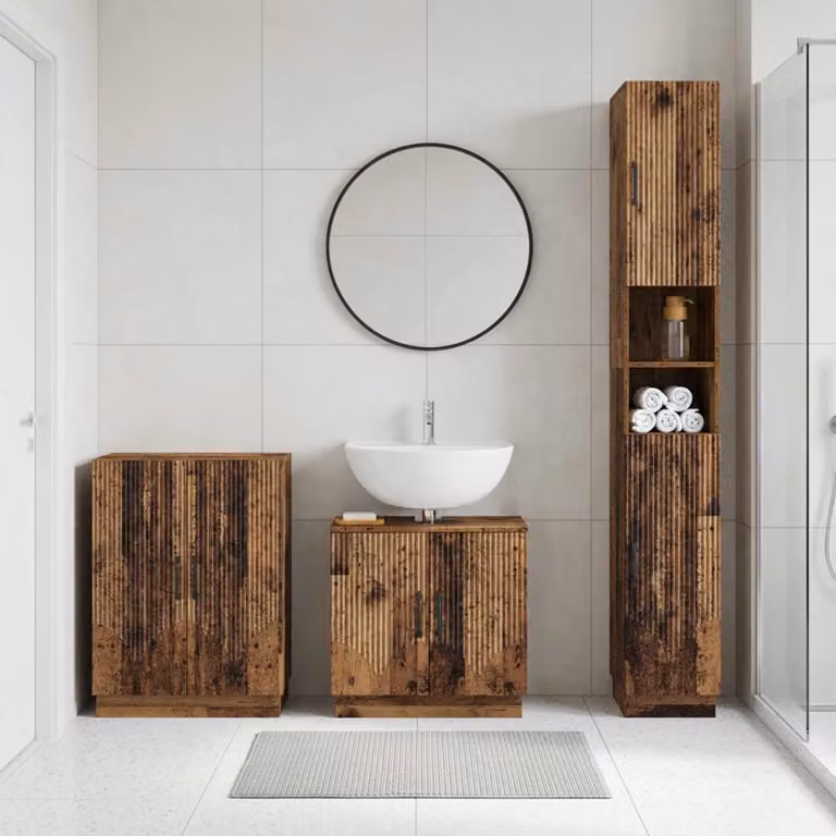 Set di armadietti da bagno 3 pezzi vidaXL HOORN in legno marrone antico con mobile lavabo, mobiletto laterale e pensile