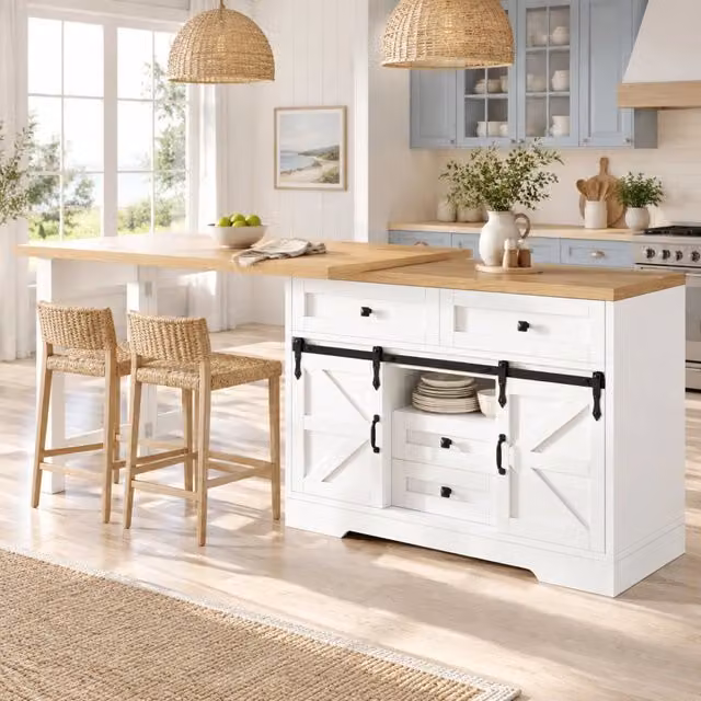 Isola cucina in MDF con tavolo estensibile e pannelli girevoli