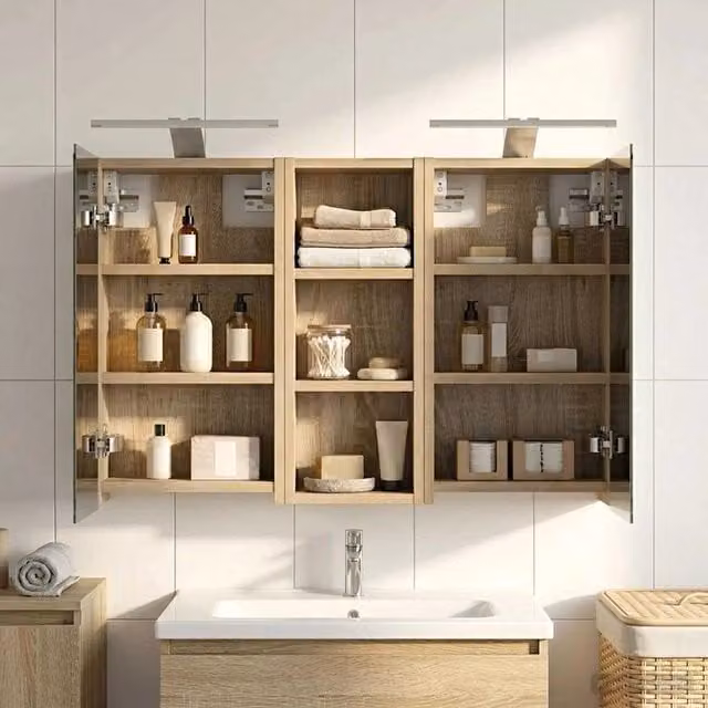 Set di 3 armadi da bagno con specchio e illuminazione LED vidaXL, colore marrone, L/P/H: 80 x 10,5 x 50 cm