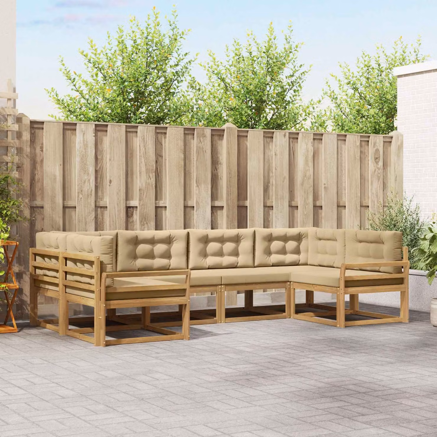 Set di divani da esterno vidaXL a forma di L composto da 6 pezzi in legno di acacia con cuscini, Bianco e Beige