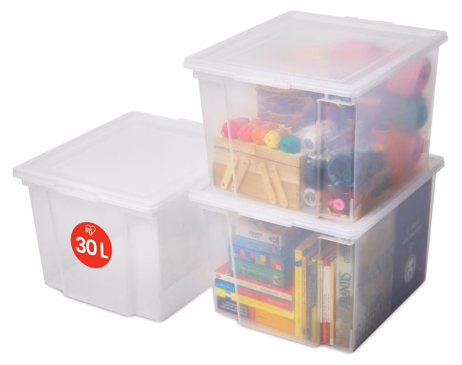 Contenitore multifunzionale Iris Ohyama con coperchio, contenitore impilabile, 30L, set da 3, trasparente, impilabile, in plastica, ideale per armadi, scaffali, organizzazione, vestiti, lenzuola, contenitore in plastica con coperchio