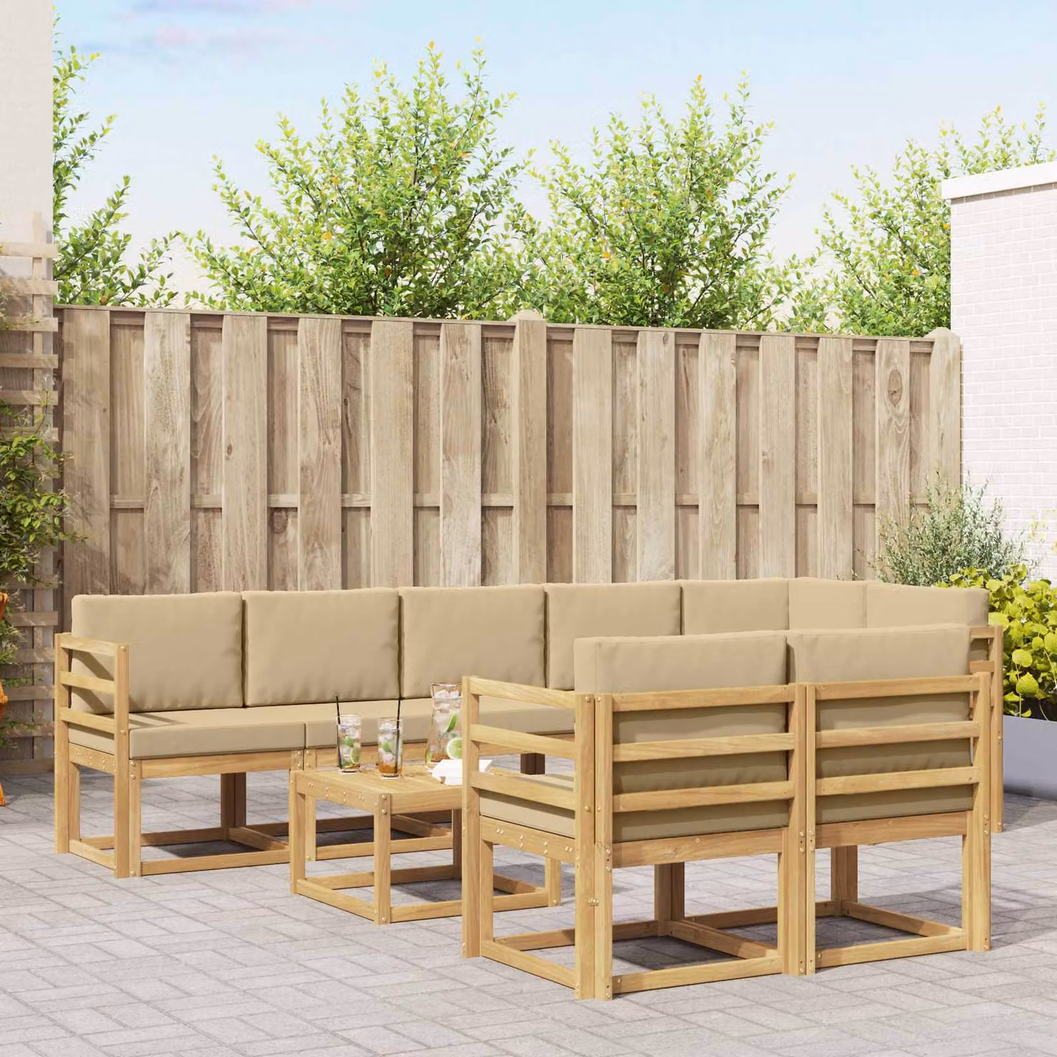 vidaXL Set di divani da esterno a L in legno di acacia con cuscini, Bianco, Beige e Marrone