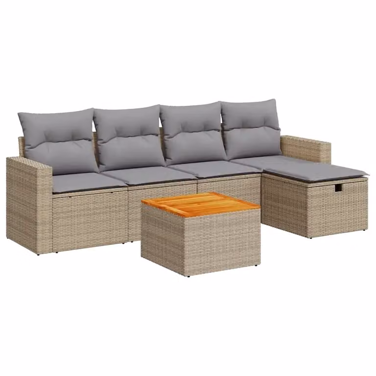 Set Divano da Giardino a L vidaXL in Polyrattan con Cuscini Beige e Tavolino da 6 Pezzi