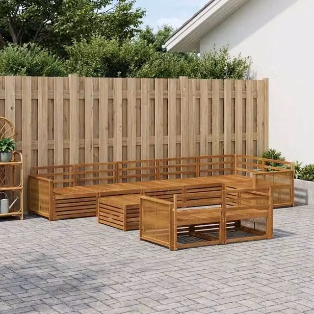 Set di divani da esterno a forma di U vidaXL in legno di acacia marrone con 9 pezzi e cuscini inclusi – 1