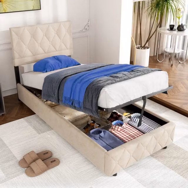 Letto singolo imbottito 90x200 cm beige in velluto con rete a doghe e struttura in MDF, compensato e ferro