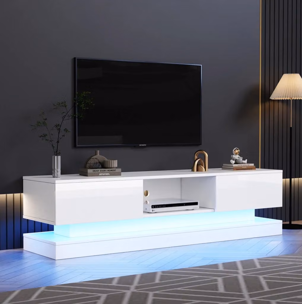 Mobile TV moderno MODFU bianco lucido con illuminazione LED e 2 cassetti L: 160 cm, P: 35 cm, H: 40,5 cm – 2