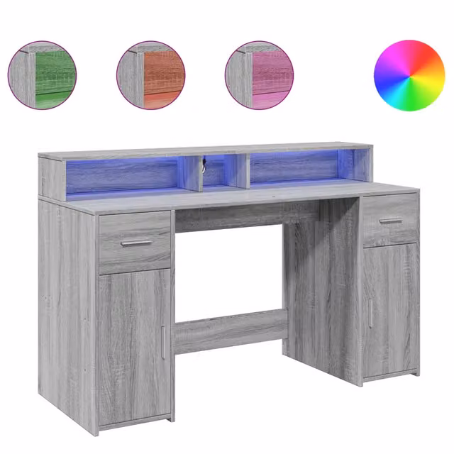 Scrivania | Tavolo da Ufficio con Luci LED Grigio Sonoma 140x55x91cm in Multistrato