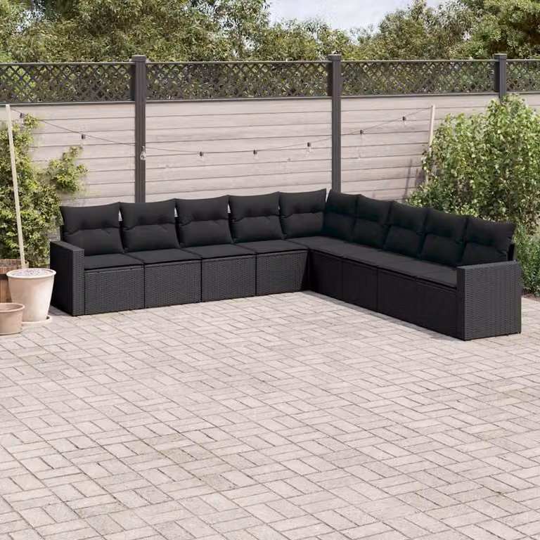 vidaXL Set Divani da Giardino 9 pz a Forma a L con Cuscini Neri in Polyrattan e Struttura in Acciaio