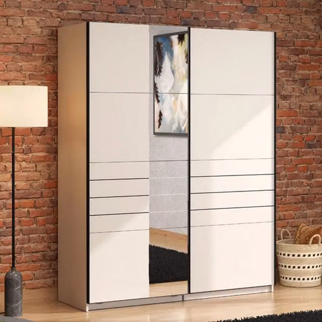 Armadio da camera da letto DMORA con ante scorrevoli, specchio e illuminazione LED, Bianco Crema, L: 145.5 cm, H: 217.5 cm