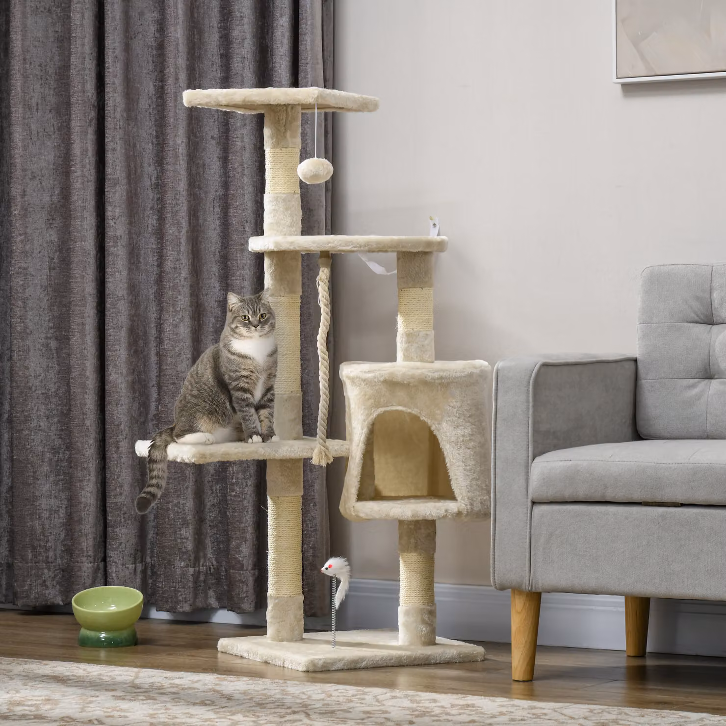 Albero Tiragraffi per Gatto PawHut con Cuccia, Piattaforma e Giocattoli Integrati, Beige, H 112 x L 40 x P 75 cm – 2