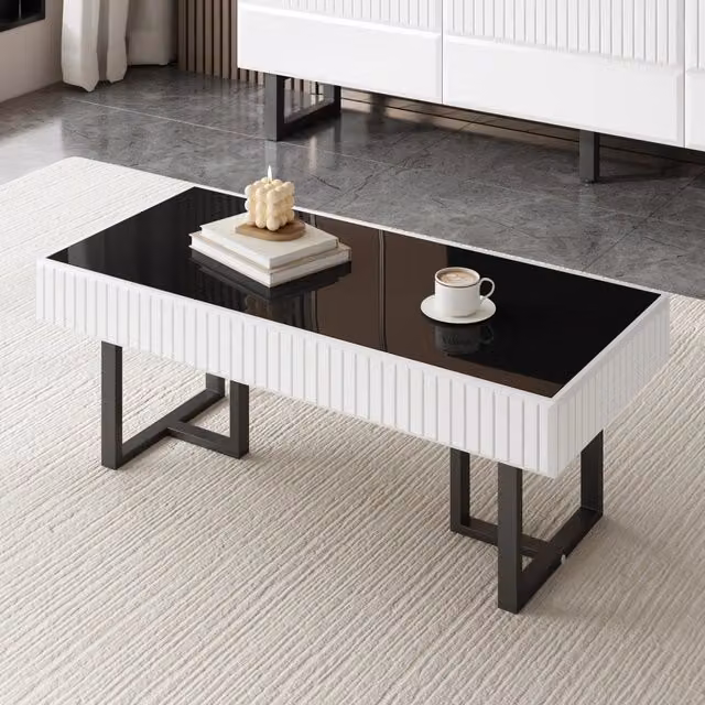 Tavolino da caffè rettangolare OKWISH per soggiorno con piano lucido in MDF e gambe in metallo, Nero e Bianco, L: 110 cm, P: 50.5 cm, H: 41 cm