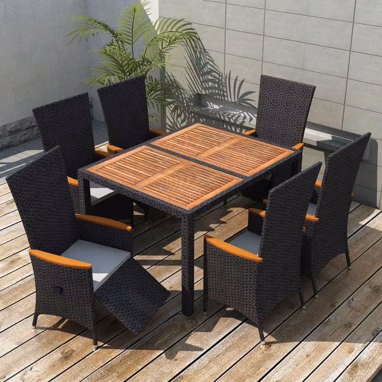 The Living Store Set da pranzo da giardino 7 pezzi in poly rattan legno di acacia nero
