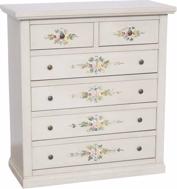 Cassettiera in legno con 6 cassetti in stile shabby chic bianco anticato decorato Mobili 2G L: 86 cm, P: 40 cm, H: 96 cm – 1