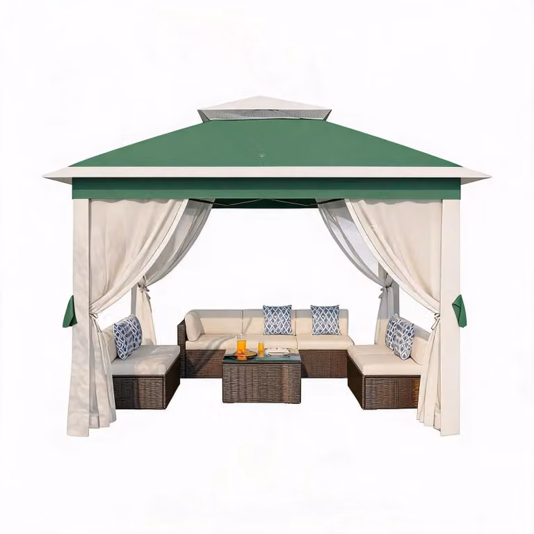 Gazebo da giardino 3,3 x 3,3 m - Tenda gazebo per esterni - Montaggio automatico rapido - Pannelli laterali in rete per proteggere dagli insetti - Tetto a due piani - Tessuto Oxford poliestere 600D - Adatto per 5-8 persone - Colore: verde