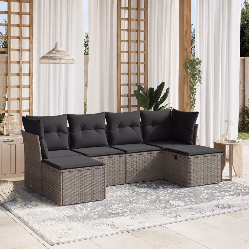 vidaXL Set Divano da Giardino 6 pz a Forma di L con Cuscini Grigio in Polyrattan e Struttura in Acciaio – 1
