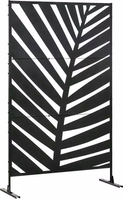 Pannello Privacy Esterno Outsunny in Metallo Nero con Design Foglia di Banana, Divisorio Decorativo Autoportante per Giardino e Terrazza, L 122 cm x H 198 cm
