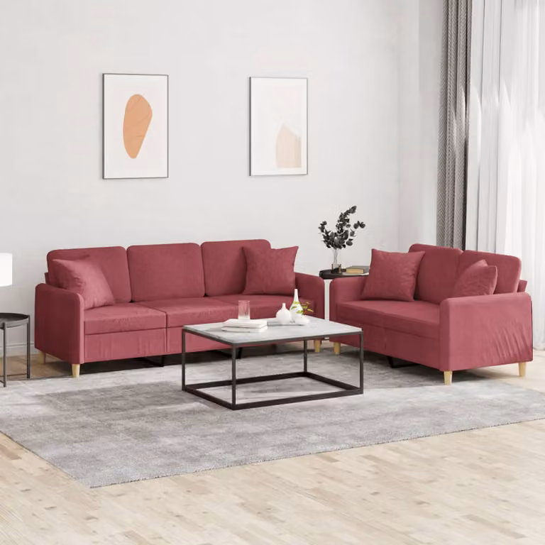 Set di divani vidaXL composto da un divano a 2 posti e uno a 3 posti in tessuto rosso con cuscini coordinati per il tuo soggiorno
