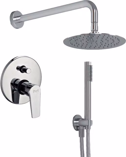 Kit doccia Ogomondo completo di soffione, doccetta, miscelatore con deviatore e colonna rigida in acciaio inox color argento cromato