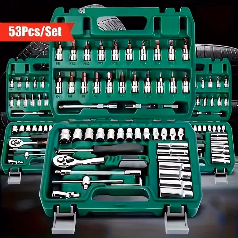 set di strumenti 53pcs, strumento di riparazione, cacciavite da orologiaio, 1/4 "3/8" 1/2 "profondità di azionamento e boccola standard.