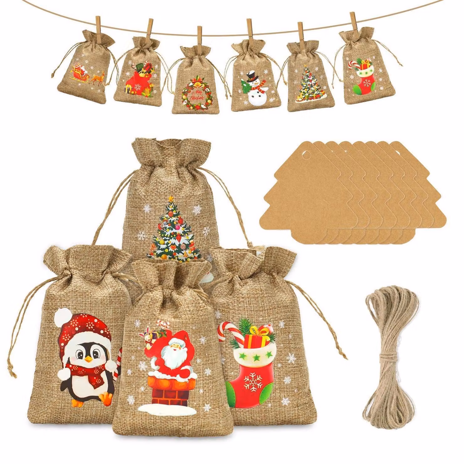 Calendario dell'Avvento con 24 sacchetti di juta da riempire, dimensioni 10x15 cm, con decorazioni e corda di juta