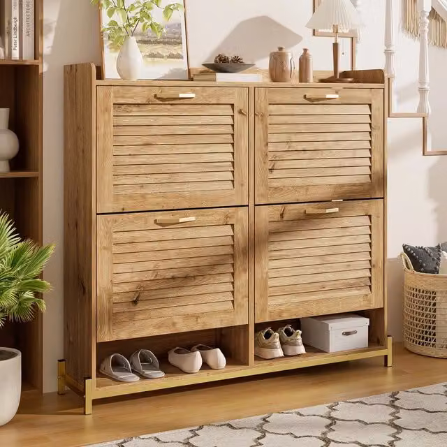 Scarpiera Minimal con 4 Ante in Legno e Metallo Marrone, L: 108.5 cm, P: 24 cm, H: 100 cm