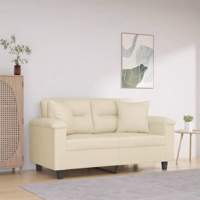 Divano a 2 posti moderno vidaXL in similpelle beige con cuscini e struttura in metallo L: 150 cm, P: 80 cm, H: 77 cm