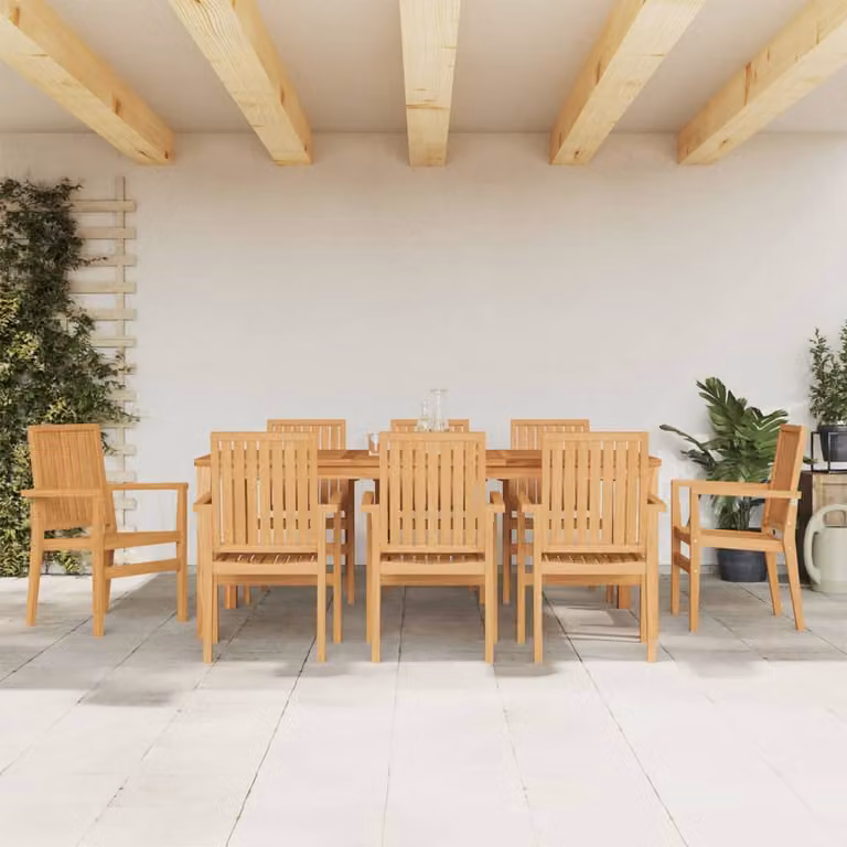 Set di 8 sedie da giardino impilabili vidaXL in legno di teak massello marrone con braccioli L/P/H: 56,5 x 57,5 x 91 cm