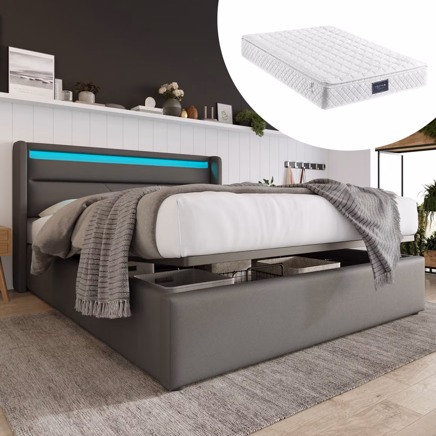 Letto boxspring imbottito STILVORA 140 x 200 cm, letto con contenitore idraulico, cassettone e illuminazione a LED, PU, grigio (con materasso)