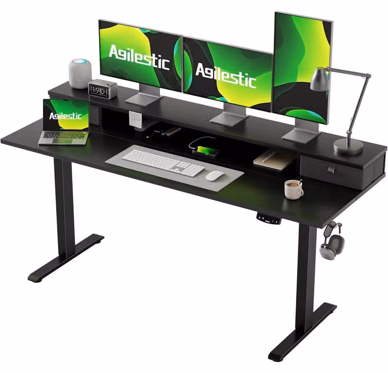 Scrivania regolabile in altezza con 2 cassetti, dimensioni 160 x 60 cm, motorizzata, colore nero