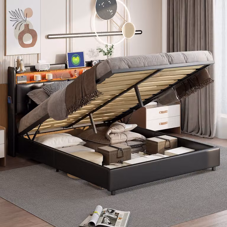Letto imbottito Fortuna Lai 180x200 con USB e prese di corrente, letto a molle con rete a doghe, letto per ragazzi con LED, letto contenitore idraulico letto matrimoniale, Similcuoio, nero